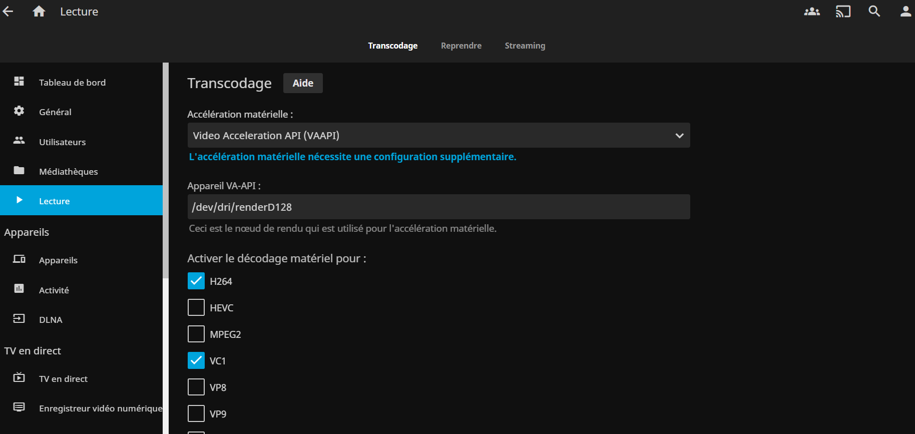 jellyfin_lecture2 Exemple de configuration des options de transcodage