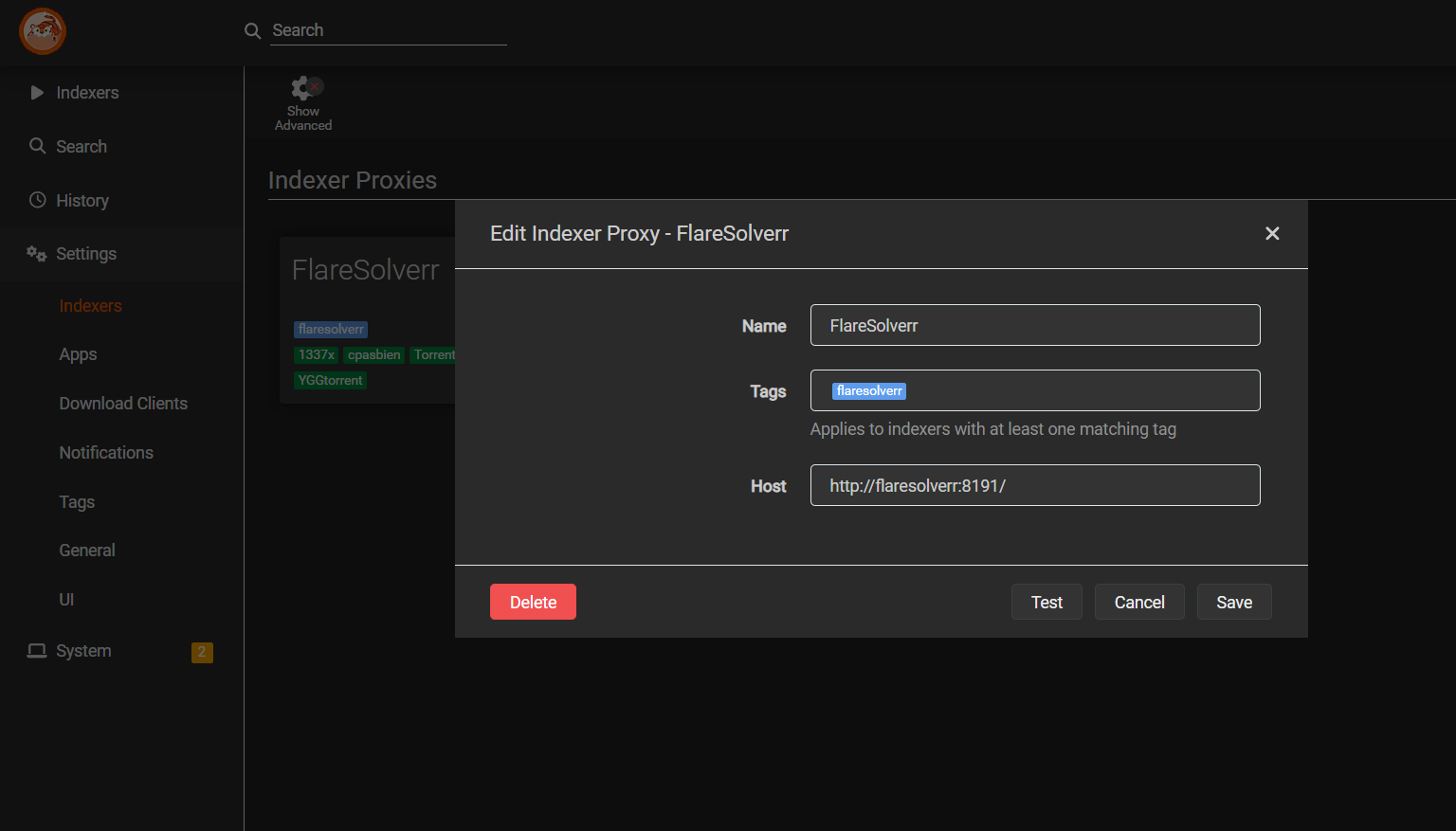 prowlarr_flaresolverr Exemple de configuration de FlareSolverr
