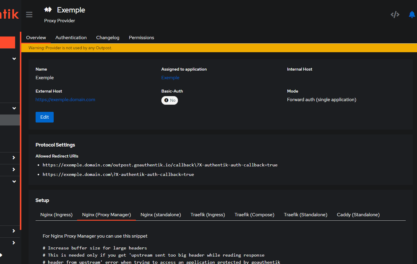authentik provider warning Image d'exemple de page d'infos de proxy provider