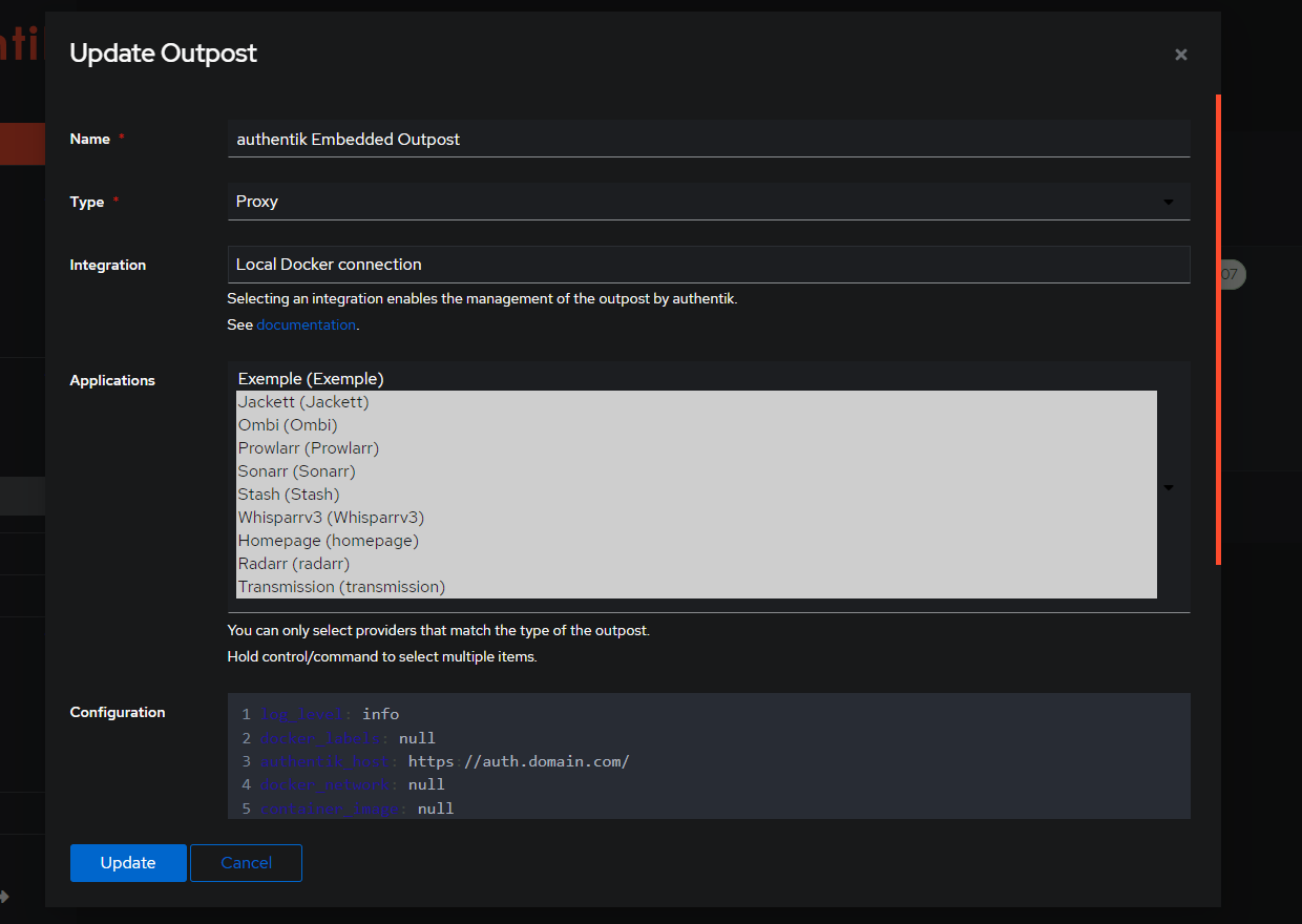 authentik update outpost Image montrant l'outpost de Authentik
