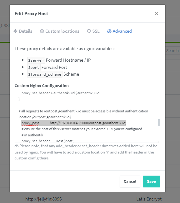proxy host advanced Image montrant la config d'un proxy host