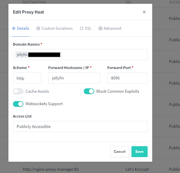 Image d'exemple de configuration de proxy host