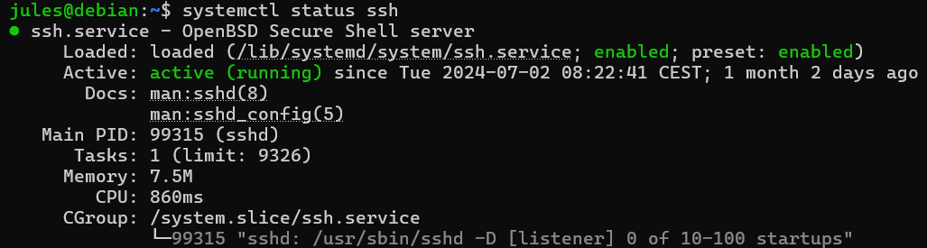 Exemple de terminal pour vérifier si OpenSSH est actif