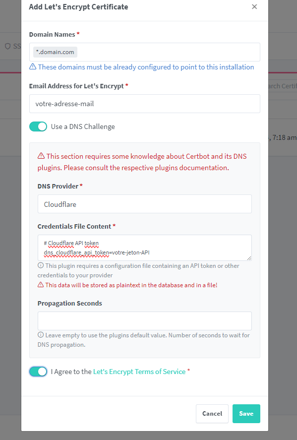Image montrant les paramètres pour créer un certificat SSL