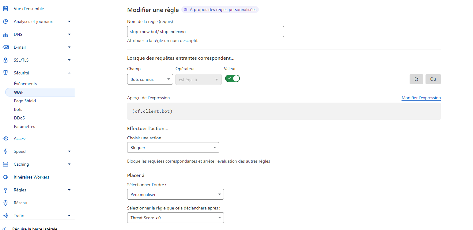 Image d'exemple de règle personalisée pour les bots et bloquer l'indexing