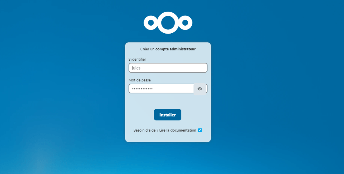 Page de création initiale de l'utilisateur de Nextcloud