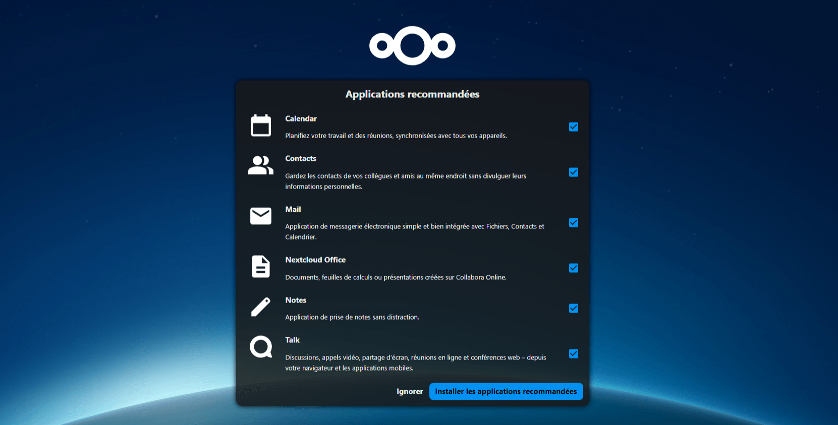 Page d'installation des applications recommandées de Nextcloud