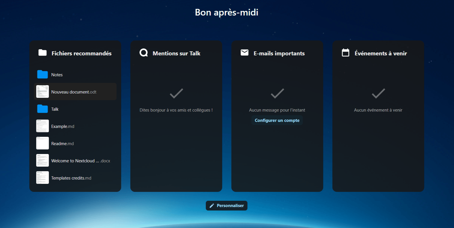 Pade d'acceuil de Nextcloud