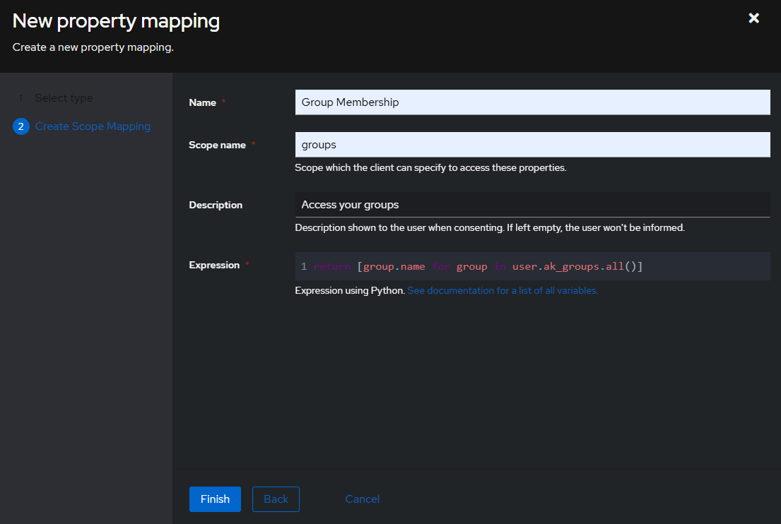 Image montrant la création d'une property mapping pour se se connecter en SSO à Jellyfin
