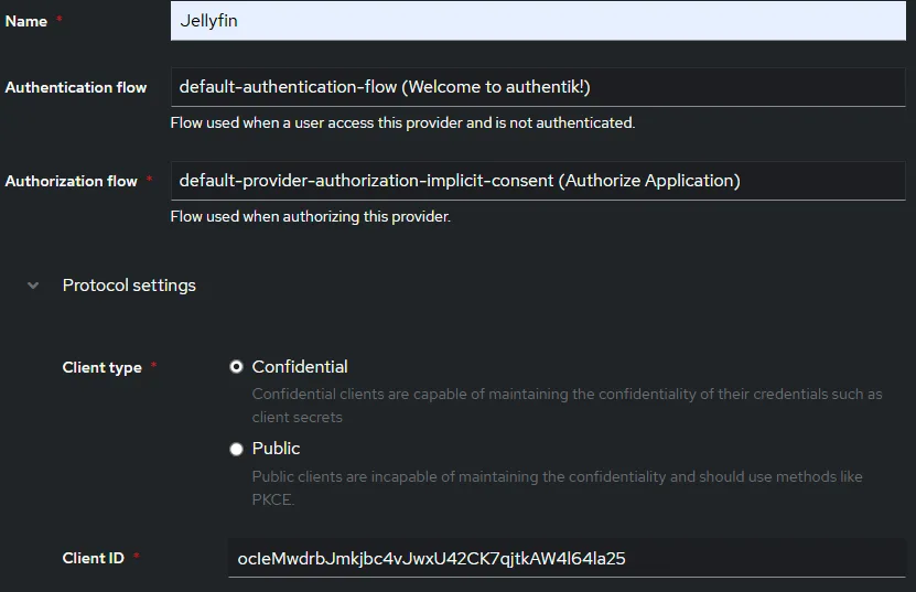 Image 1 montrant la création du provider Jellyfin pour se se connecter en SSO à Jellyfin