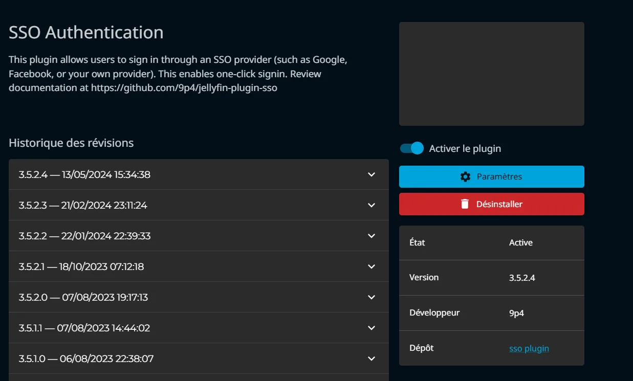 Image montrant l'activation du plugin sso