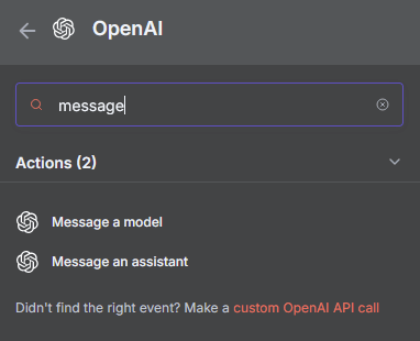 Choix du type d'action du node OpenAI