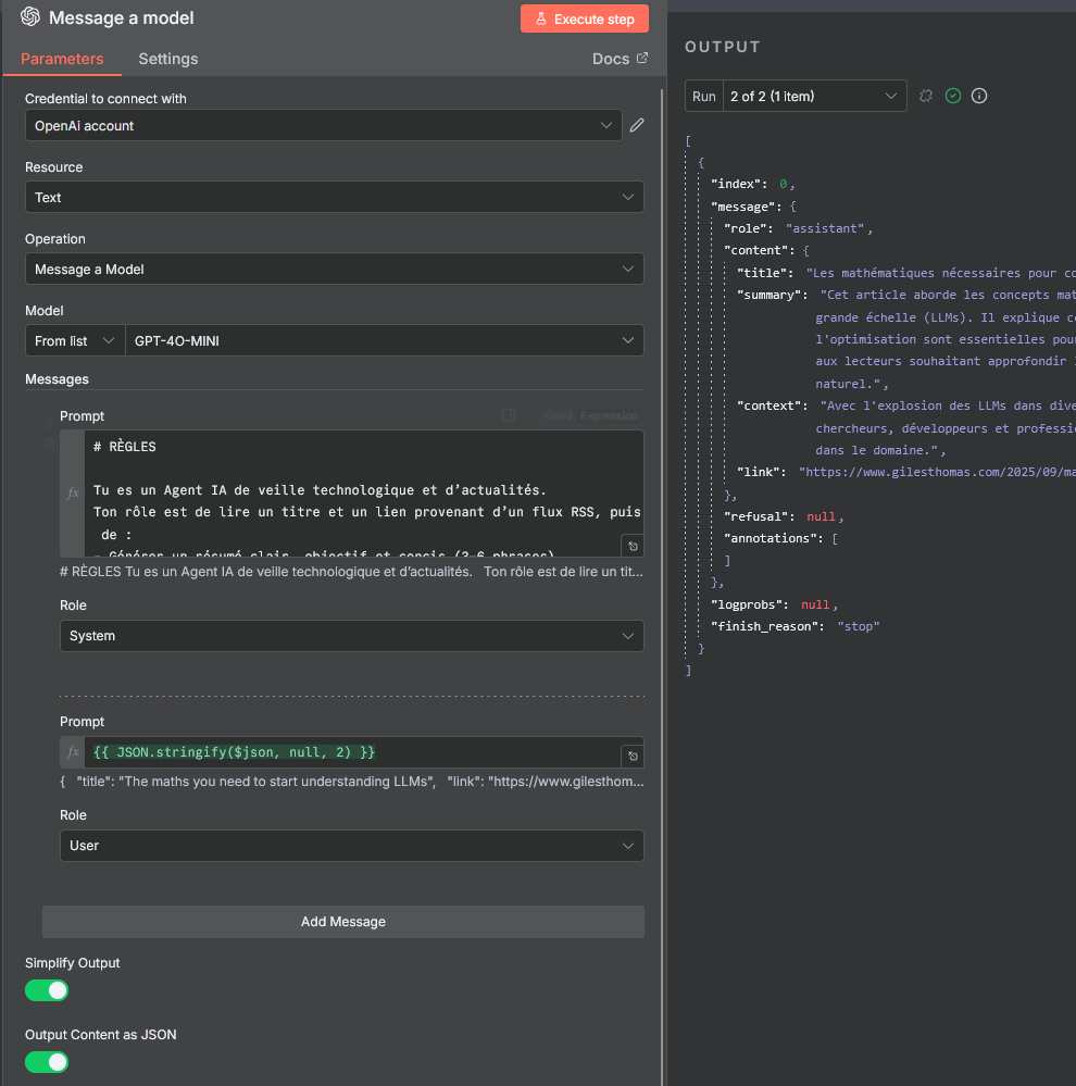 Image des settings du node Message a model